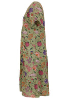 Green based multi coloured folk art style florals cotton dress on a white background.