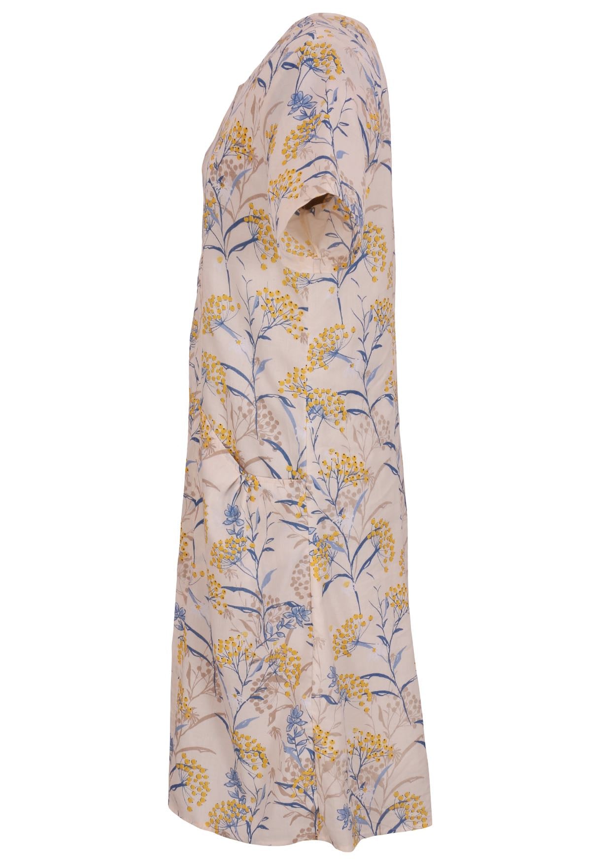 Side view of cotton dress with round neckline and short sleeves in neutral based floral print. 