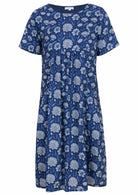 Front mannequin photo of cotton dress  with light blue and white floral design