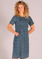 Blue base with small repetitive white flowers cotton dress