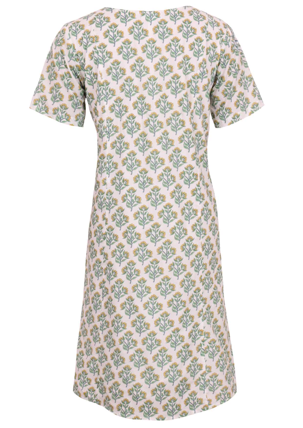 The back side of the dress has a floral pattern, and it has a color of yellow and green on white cotton 