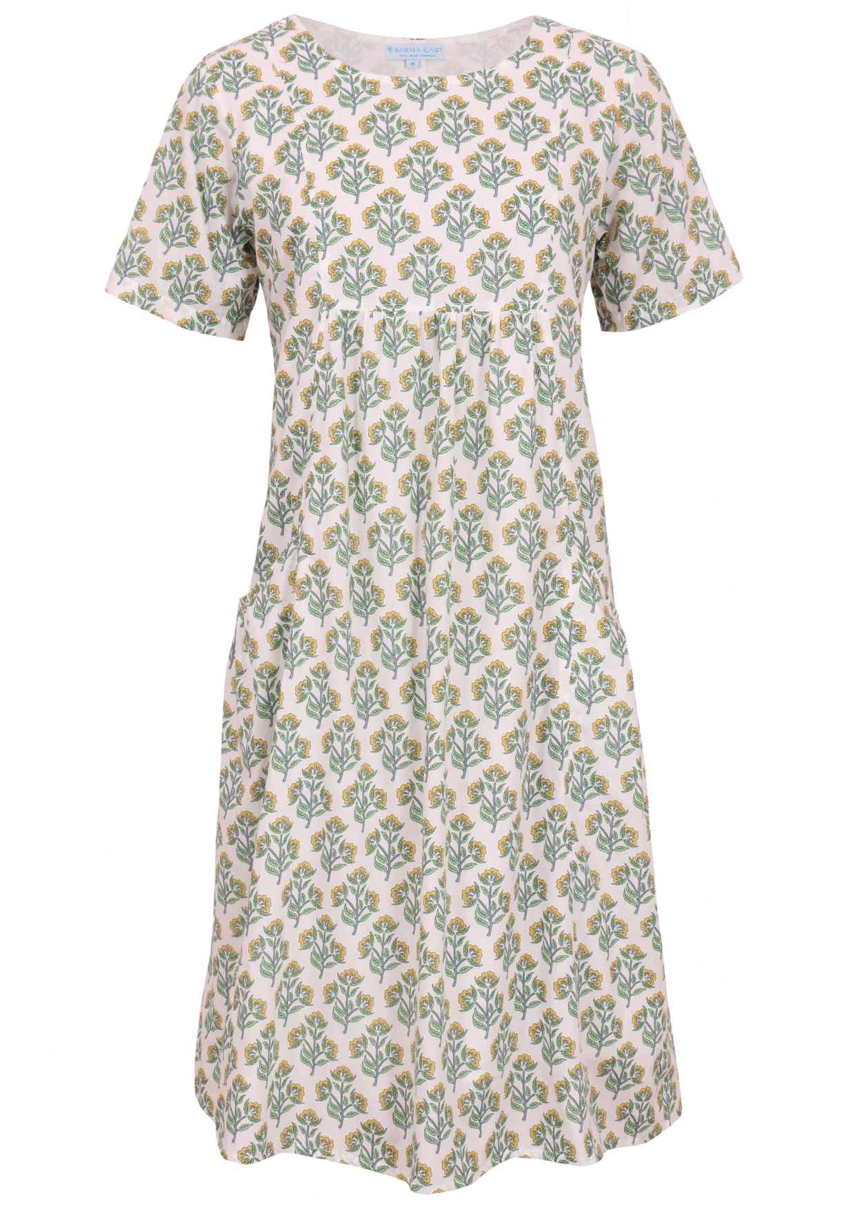 White cotton dress with floral pattern front view