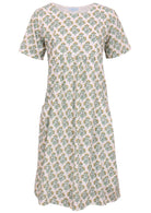 White cotton dress with floral pattern front view