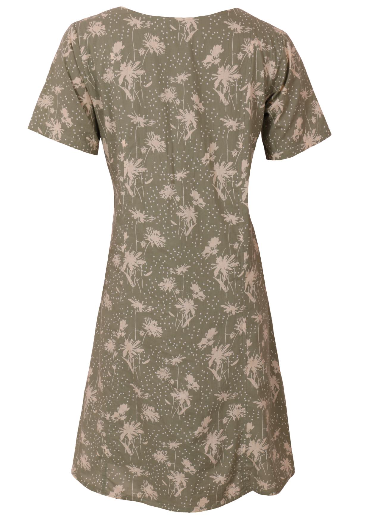 Back mannequin photo of cotton short sleeve relaxed fit dress in green based floral print