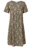 Front mannequin photo of cotton short sleeve relaxed fit dress in green based floral print