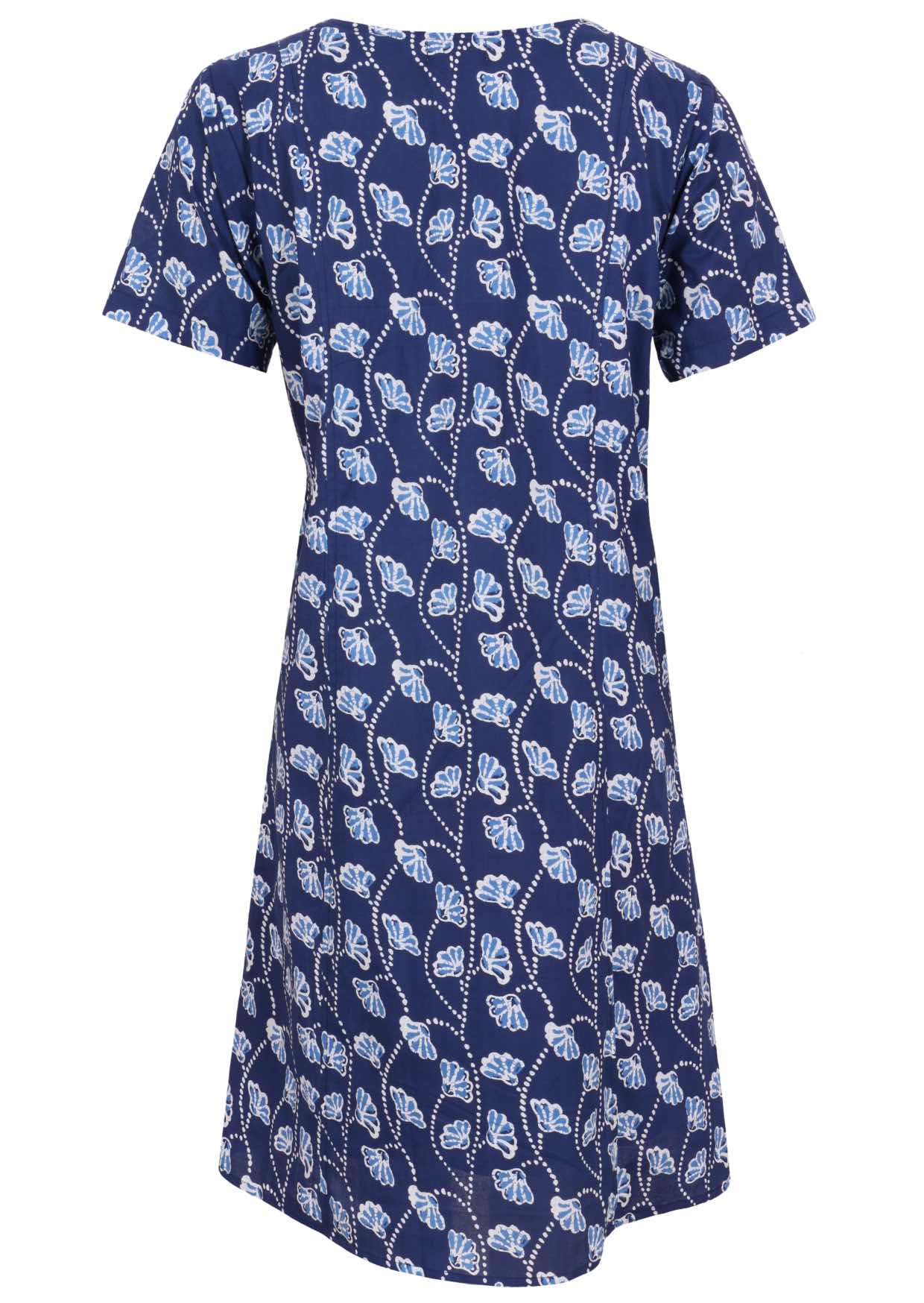 Back view of cotton dress with round neckline in navy blue based floral print. 