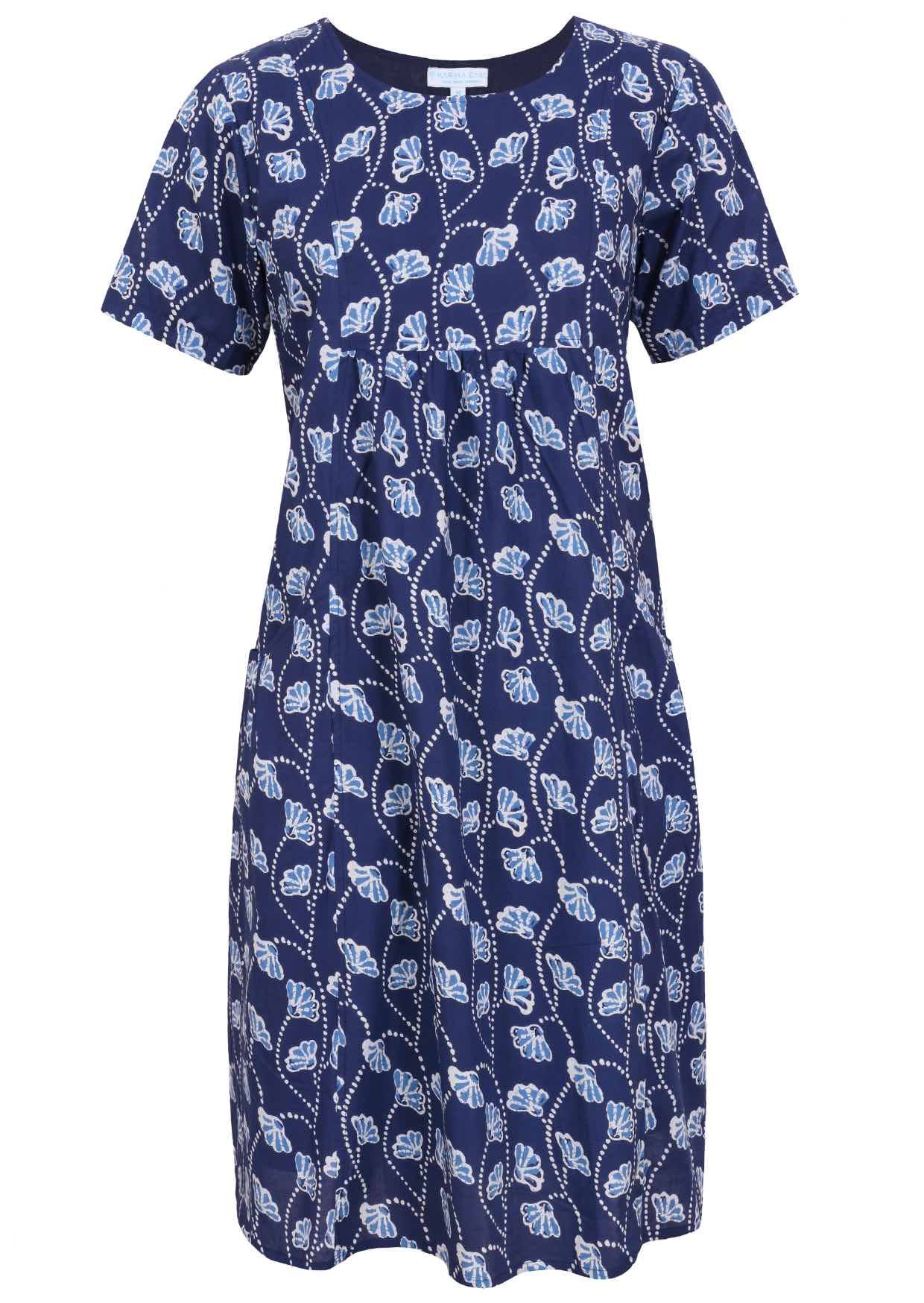Front view of cotton dress with round neckline in navy blue based floral print
