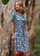 Over the knee length cotton sun dress with T-shirt sleeves and pockets