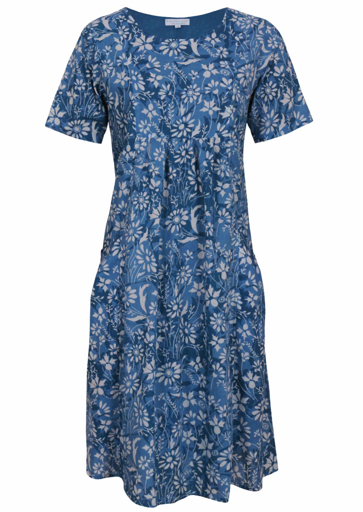 Front mannequin photo of relaxed fit cotton sun dress with short sleeves, a round neckline and pockets