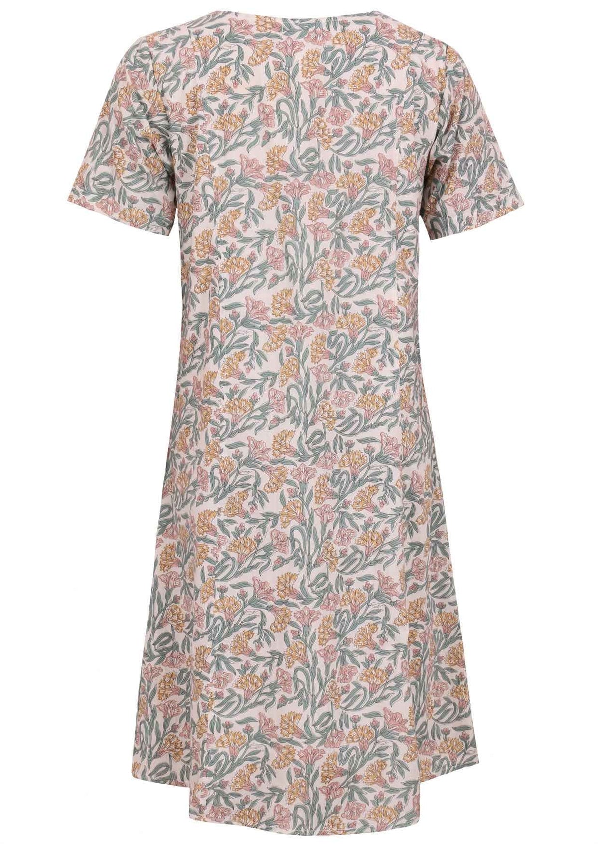 Back view of cotton dress with round neckline in white based floral print. 
