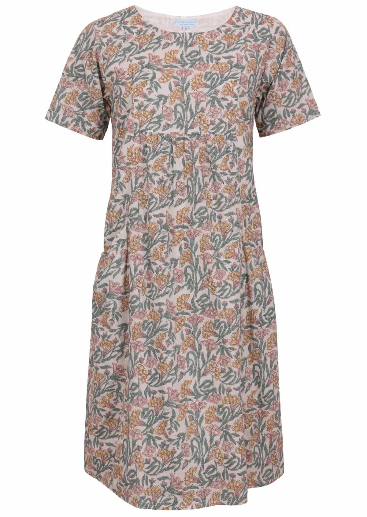 Front view of cotton dress with round neckline in white based floral print