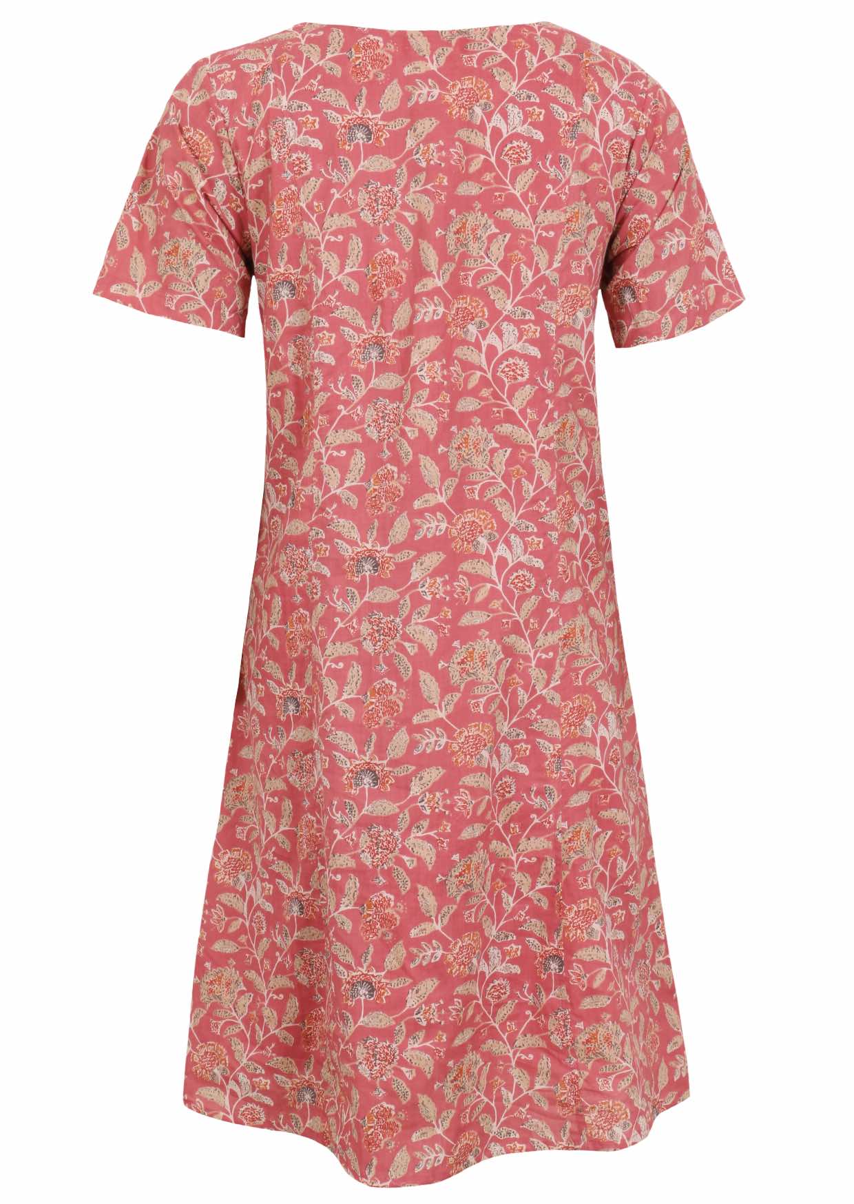 Back view of cotton dress with round neckline in rose pink based floral print. 