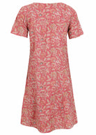 Back view of cotton dress with round neckline in rose pink based floral print. 