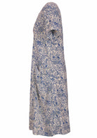 White based blue floral printed cotton short dress.