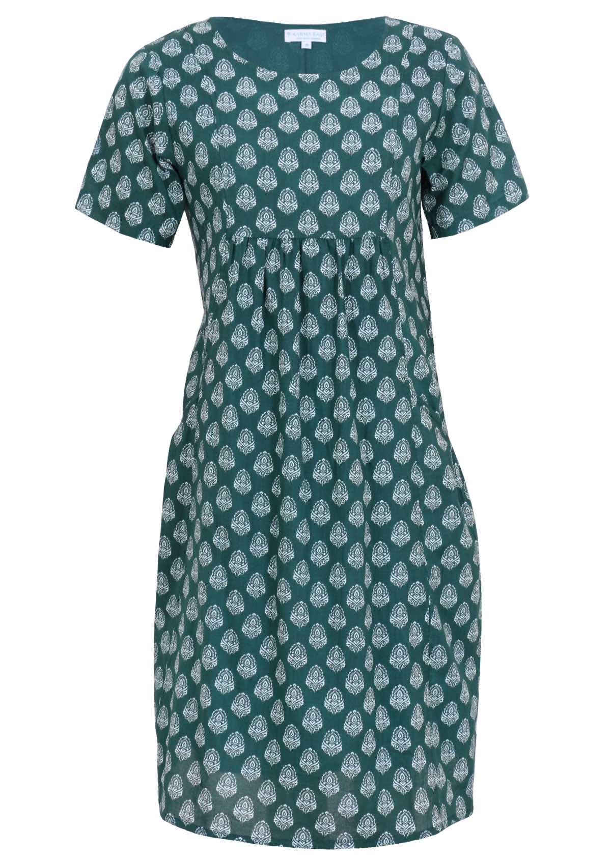 Green base with white floral pendant cotton dress 