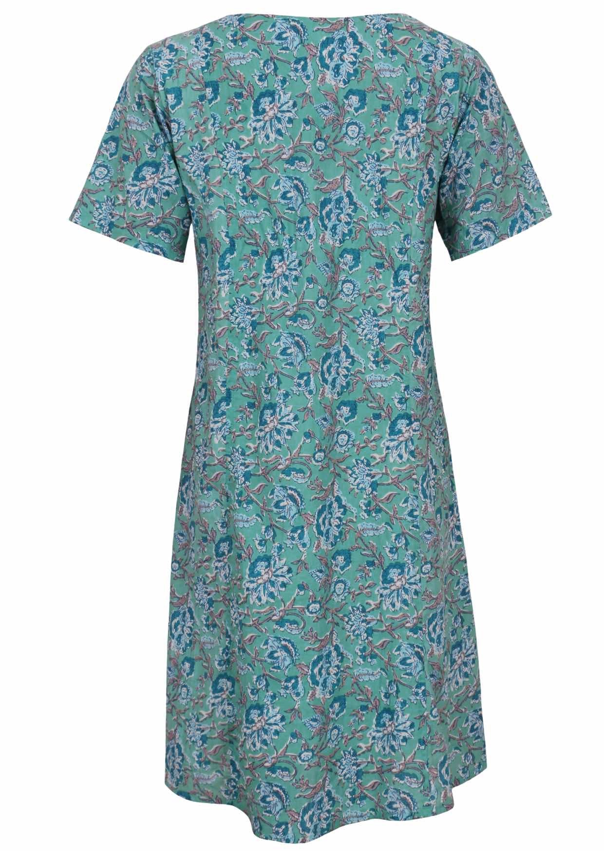Back view of 100% cotton knee length dress in aqua based floral print.