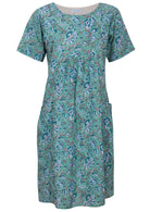 100% cotton loose dress with short sleeves, pockets and gathers under the bust.