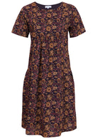 Lightweight 100% cotton, short sleeve dress in floral print on dark purple base, with gathers under the bust and pockets.