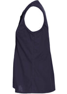 The side view of a dark blue sleeveless blouse 