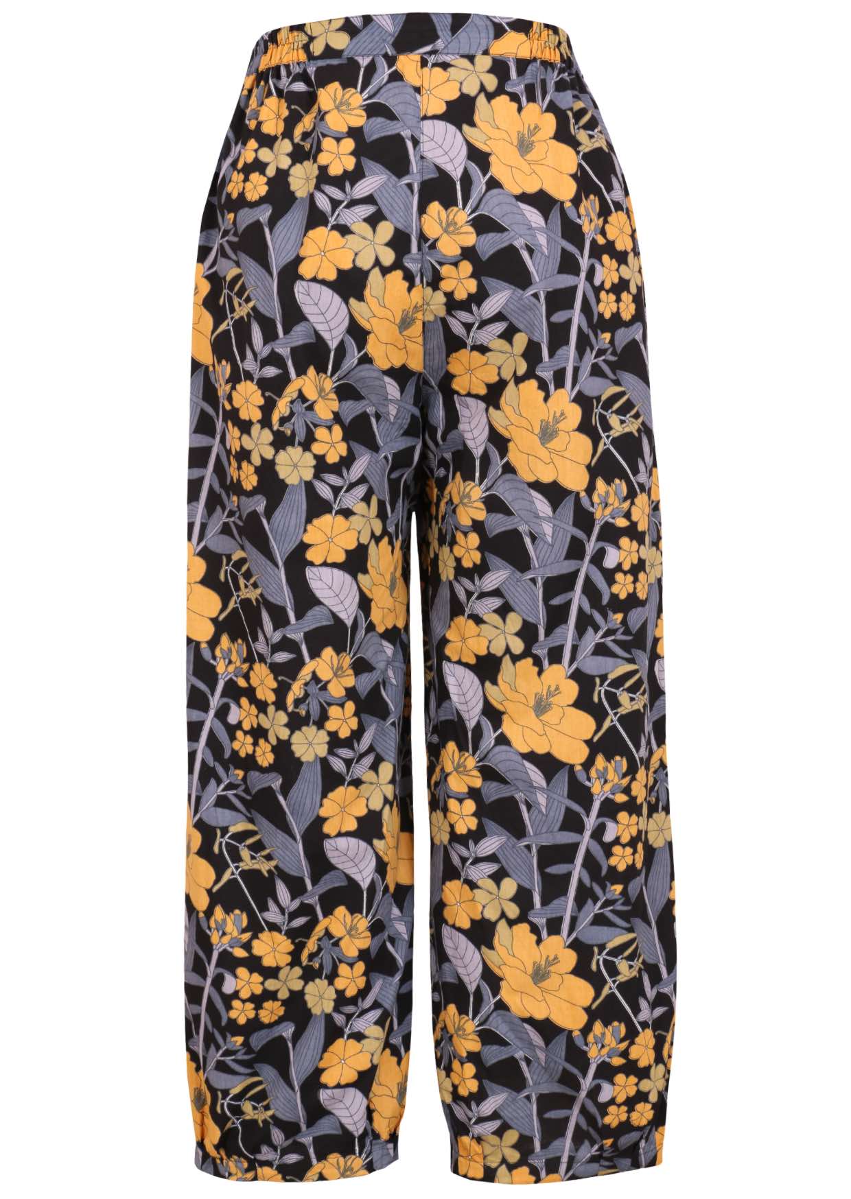 Back view of floral cotton pants with yellow and blue-grey flowers on a black base