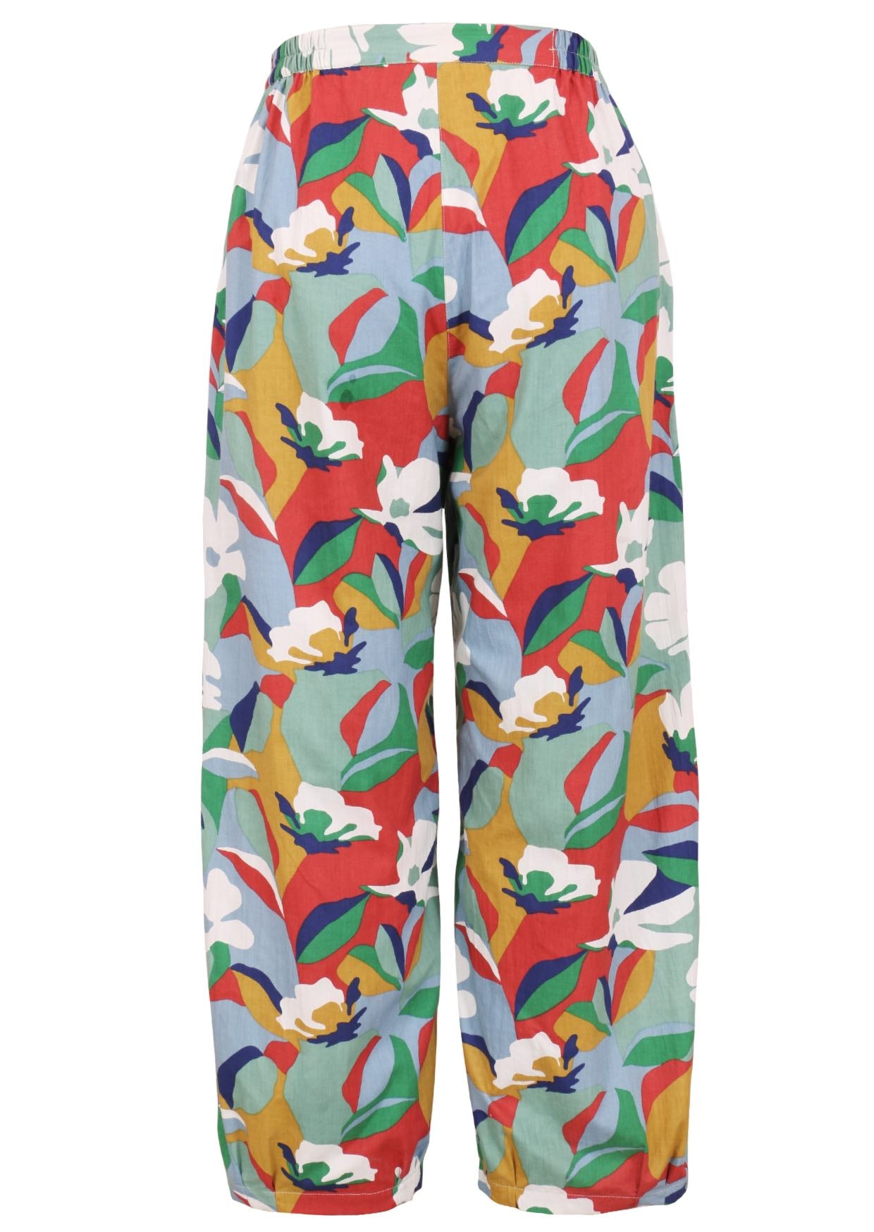 Back view of colorful floral-patterned pants with elastic waist