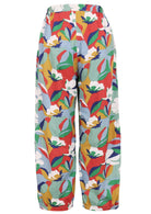 Back view of colorful floral-patterned pants with elastic waist