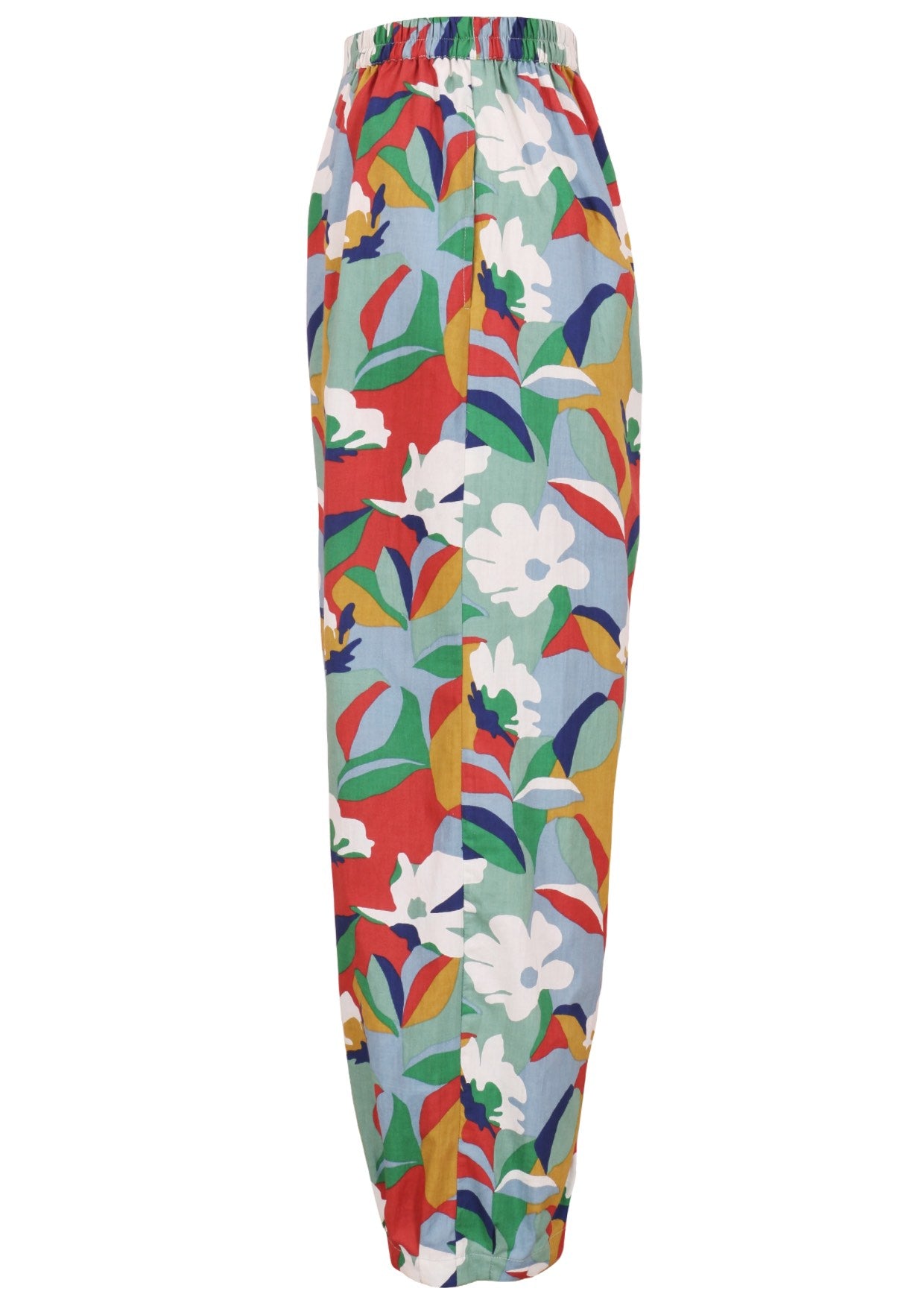 Side view of colorful floral-patterned pants with pockets