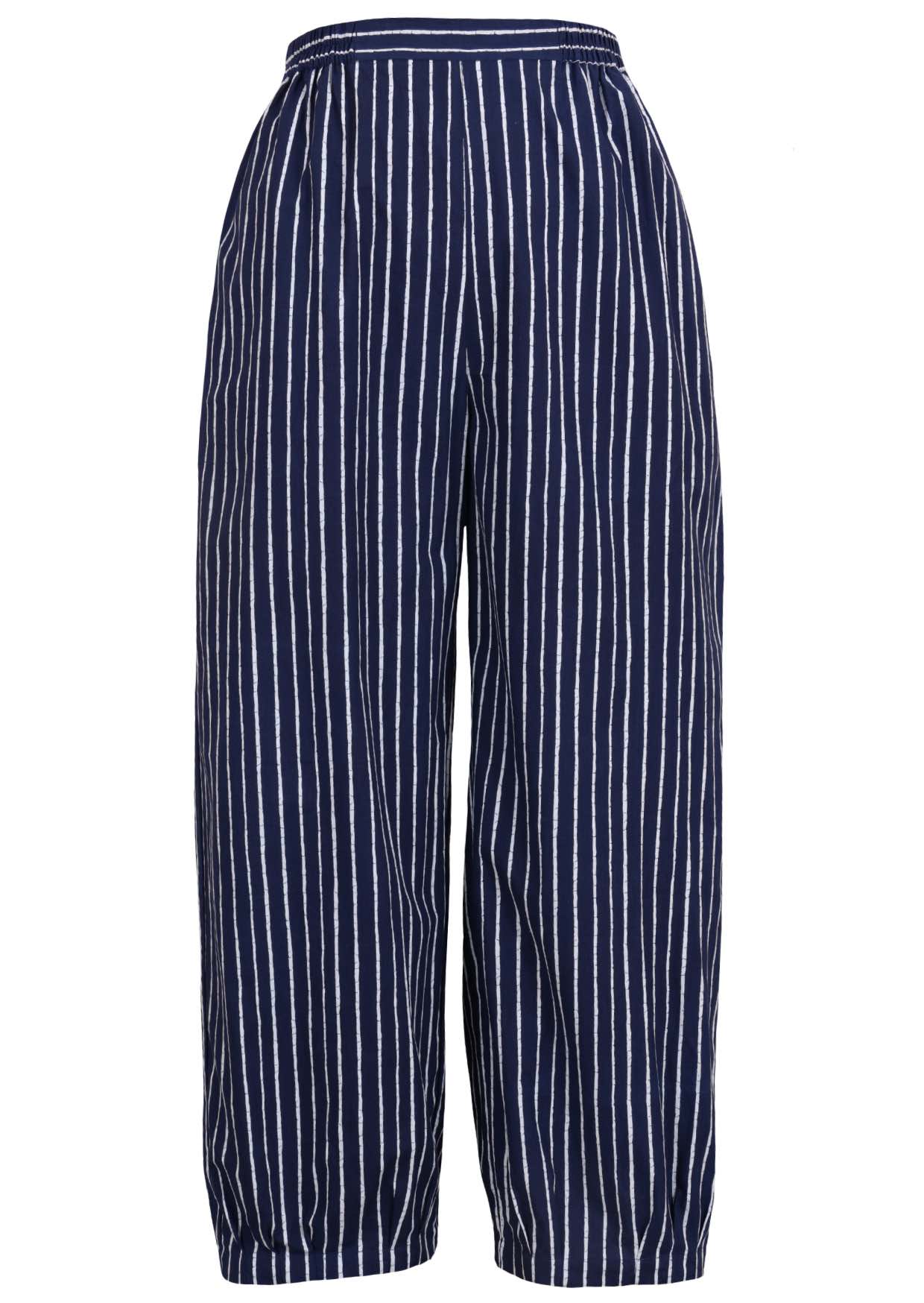 Navy blue based print pants on a white background