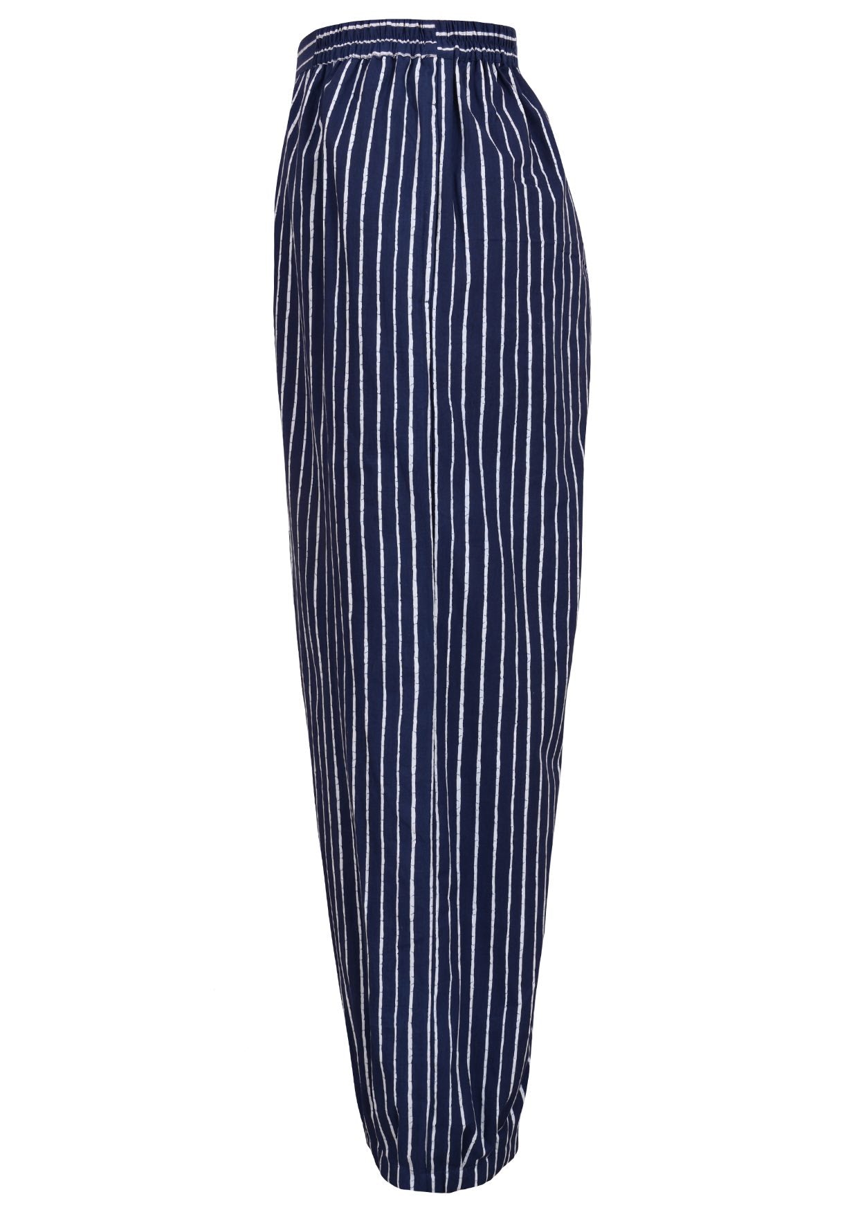 Side view of navy blue based print pants with pockets