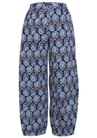 Navy blue based print pants on a white background