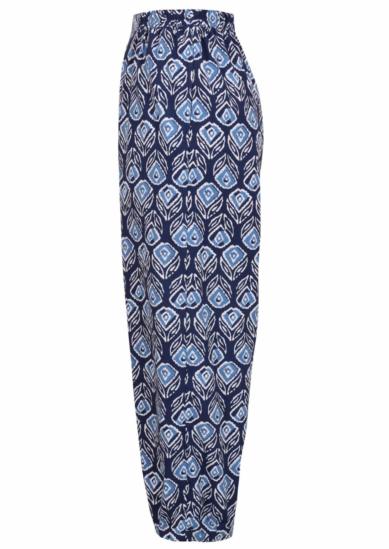Side view of navy blue based print pants with pockets
