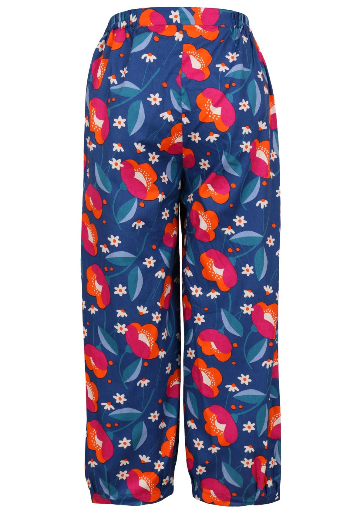 Back view of 100% cotton wide leg pants with elastic waist and pockets in royal blue based floral print