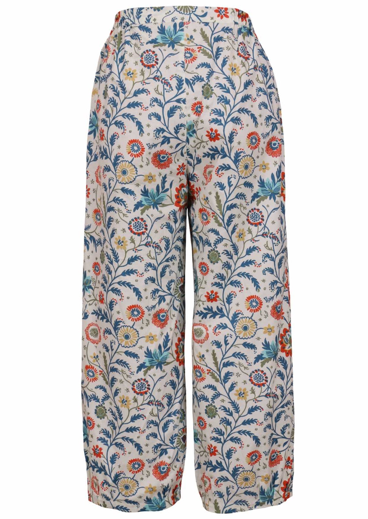 Back view of 100% cotton wide leg pants with elastic waist and pockets in white based floral print