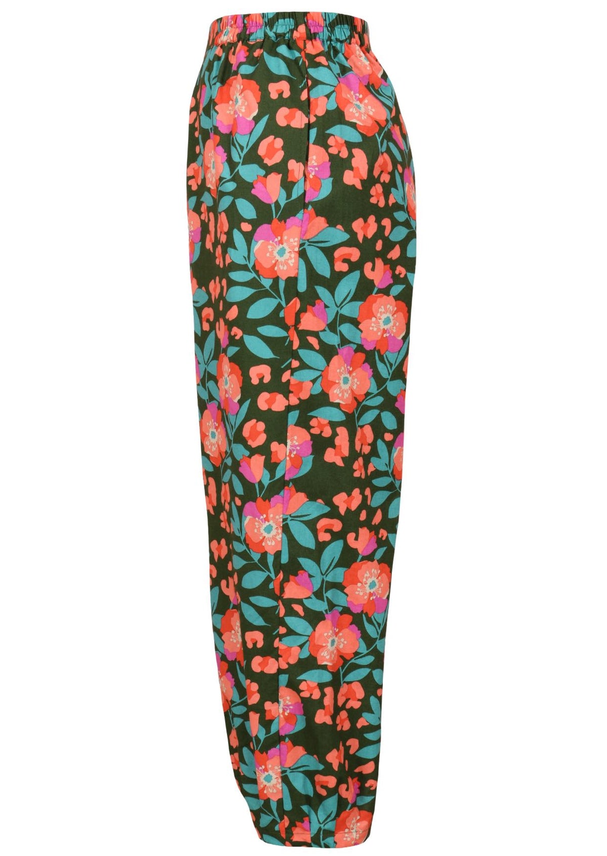 Side view of floral print wide leg cotton pants with pleated ankles, high elastic waist and pockets