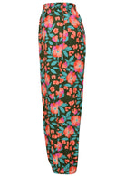 Side view of floral print wide leg cotton pants with pleated ankles, high elastic waist and pockets
