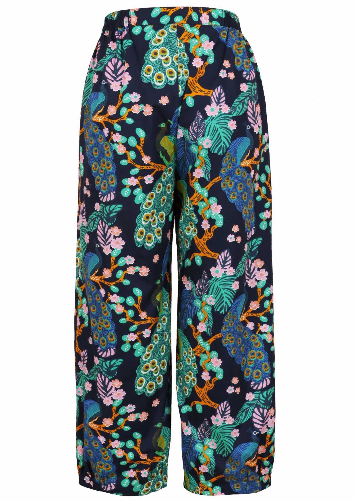 Back view of colorful floral-patterned pants with elastic waist