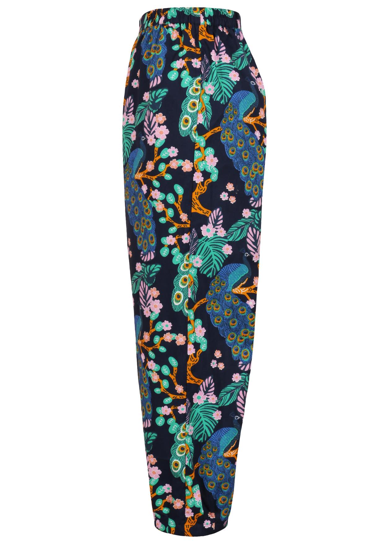 Side view of colorful floral-patterned pants with pockets