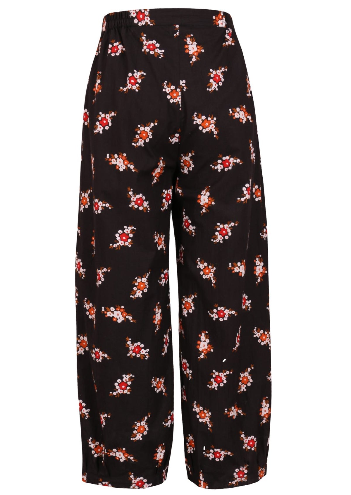 Back view of 100% cotton wide leg pants with elastic waist and pockets in black based floral print