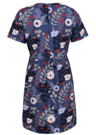 Back mannequin photo of cotton short sleeve knee length dress in blue floral print