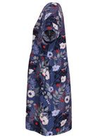 Side mannequin photo of cotton short sleeve knee length dress with pockets in blue floral print