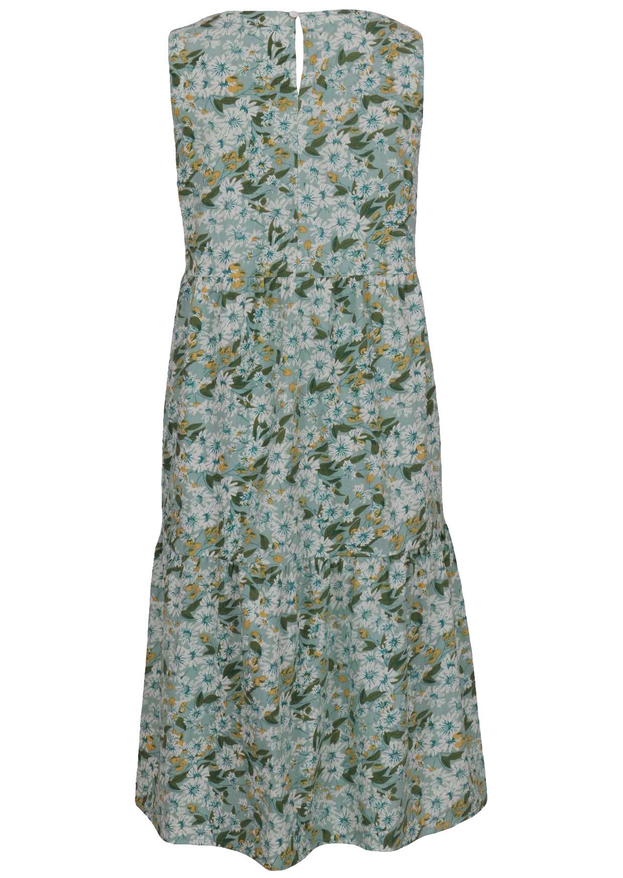 Back image of 100% cotton sleeveless midi dress with button back closure and pockets in sage green based floral print
