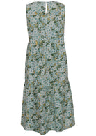 Back image of 100% cotton sleeveless midi dress with button back closure and pockets in sage green based floral print