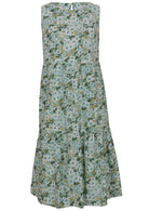 100% cotton sleeveless, relaxed fit midi length dress with pockets, tiered design and high round neckline