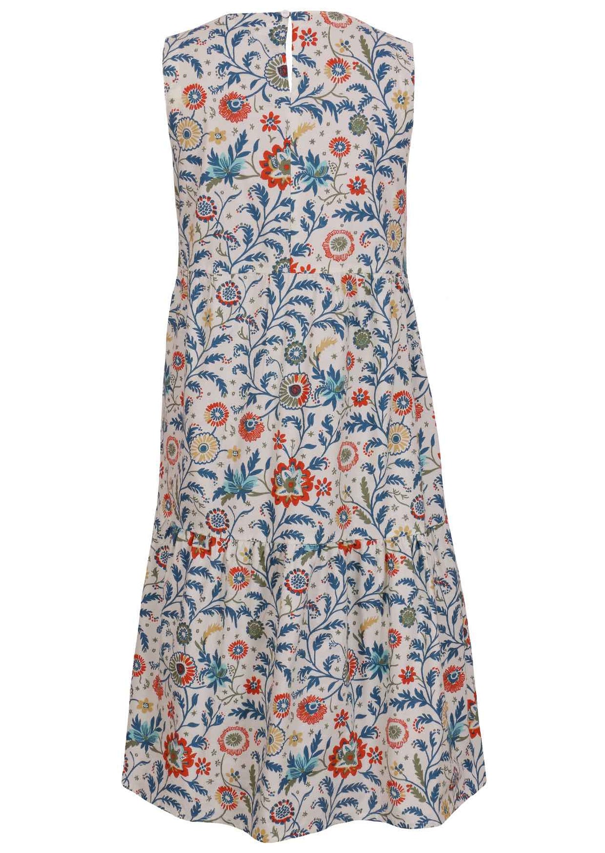 Back image of 100% cotton sleeveless midi dress with button back closure and pockets in white based floral print