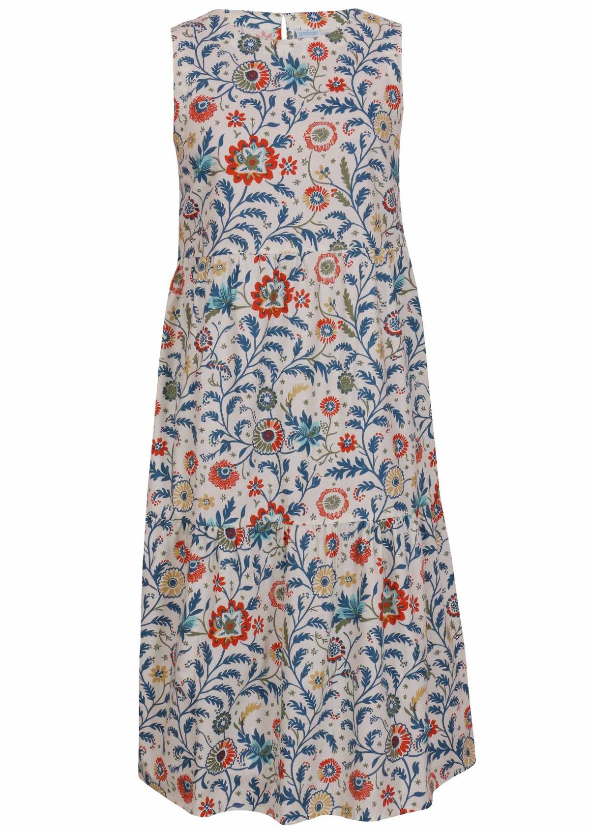 100% cotton sleeveless, relaxed fit midi length dress with pockets, tiered design and high round neckline