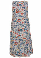 100% cotton sleeveless, relaxed fit midi length dress with pockets, tiered design and high round neckline
