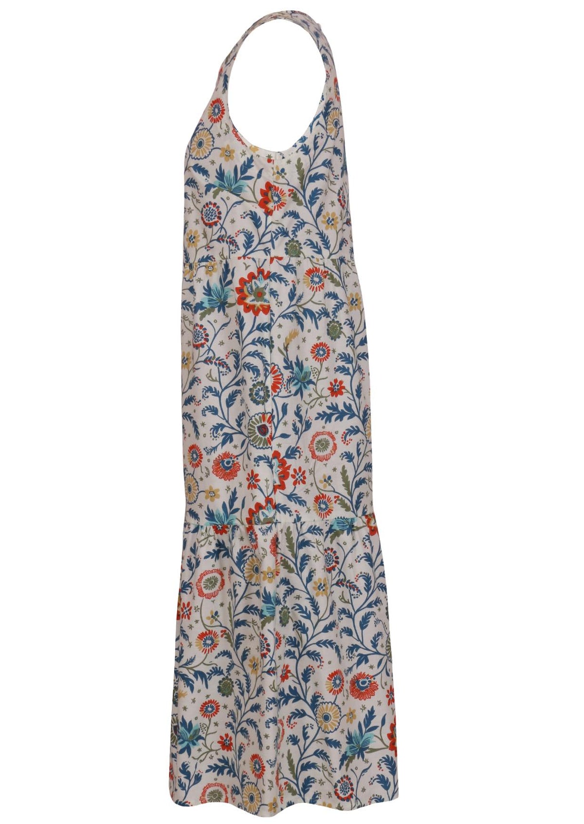 Side view of relaxed fit tiered cotton dress with sleeveless design in white based floral print