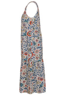 Side view of relaxed fit tiered cotton dress with sleeveless design in white based floral print