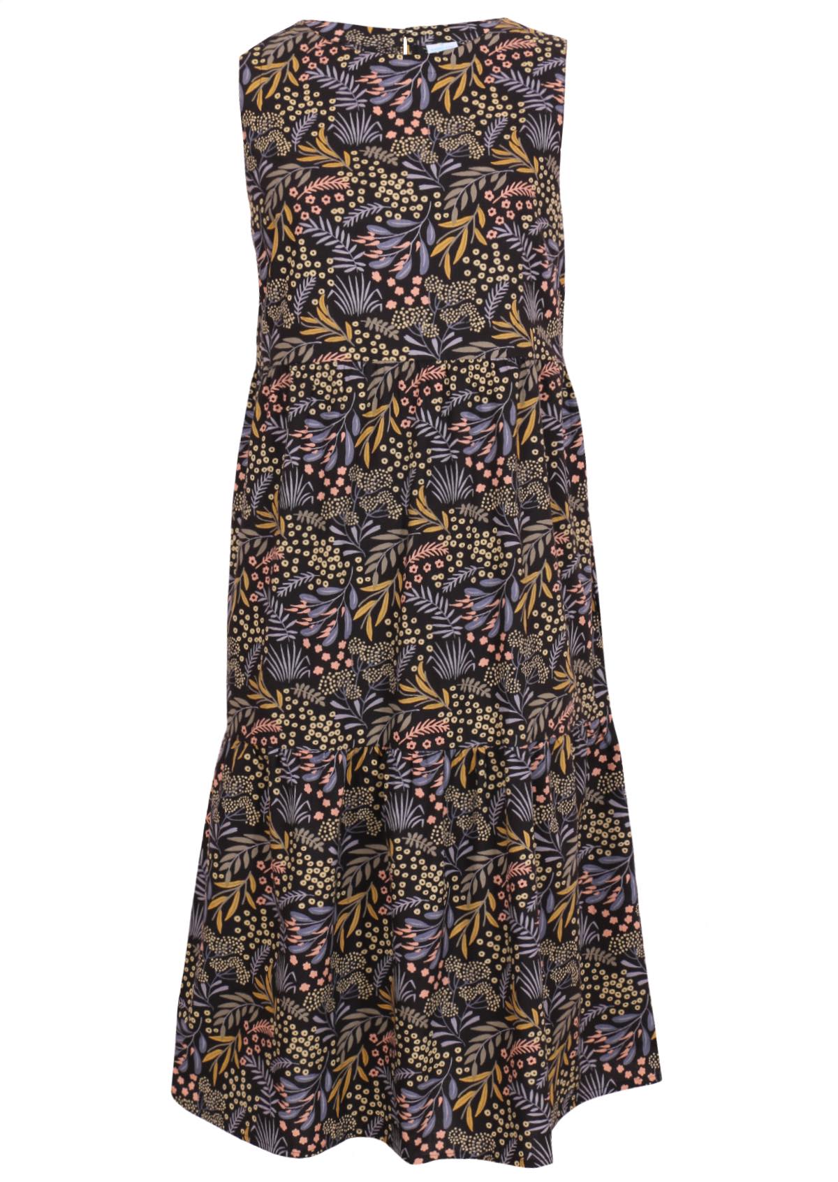 Midi length cotton dress in earthy toned botanical print on black base