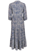 White based blue floral print long cotton dress with 3/4th sleeve.